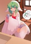  1girl absurdres ahoge animal bare_shoulders birb_(niniidawns) bird bird_legs bird_tail blush braid brown_eyes chicken cleaning commentary cup english_commentary expressive_hair feathered_wings feathers green_hair hair_between_eyes harpy head_wings highres holding holding_cup indoors long_hair midriff monster_girl niniidawns original red_shirt sad shirt sink solo tail tank_top thought_bubble twin_braids white_feathers white_wings wide_hips wing_ears winged_arms wings 