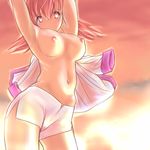  akane_(pokemon) breasts gym_leader large_breasts lowres navel nipples otsukare pink_eyes pink_hair pokemon pokemon_(game) pokemon_gsc shorts sky solo topless twintails undressing 