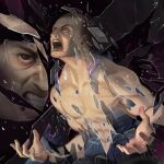  angry blood blood_from_mouth blood_on_face breaking commentary english_commentary furious glass glasses highres leaning_forward nikusenpai reflection roaring screaming shouting split_(movie) the_beast_(split) the_eastrail_177_trilogy topless topless_male wide-eyed 