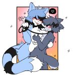 2023 :3 anthro big_breasts blep blue_body blue_fur blush bow_accessory breast_grab breasts caeleste digital_media_(artwork) domestic_cat english_text eyes_closed felid feline felis female fluffy fur grey_body grey_fur hand_on_back hand_on_breast heart_symbol hi_res huge_breasts leash leash_pull long_tail male male/female mammal squish tail text tongue tongue_out