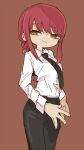  :3 black_necktie black_pants brown_background chainsaw_man deformed fingernails looking_at_viewer makima_(chainsaw_man) naaaaaaaa necktie pants red_hair shirt simple_background smirk spread_fingers standing white_shirt yellow_eyes 