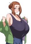  1girl absurdres apron black_tank_top blue_apron blue_pants blush breasts brown_eyes brown_hair cleavage closed_mouth egoha. green_hoodie green_jacket hair_bun highres hood hoodie huge_breasts jacket kaii_to_otome_to_kamigakushi looking_at_viewer mole mole_under_eye ogawa_sumireko open_clothes open_jacket pants shirt sidelocks smile solo tank_top thick_eyebrows undressing upper_body white_background 