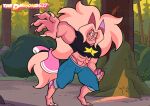 2_horns 2_toes abs alien ambiguous_gender anthro bottomwear cartoon_network claws clothing crop_top denim denim_bottomwear denim_clothing fan_character feet fusion gem gem_(species) gem_fusion hair hi_res horn jasper_(steven_universe) jeans muscular pants peach_quartz_(thediamond637) ponytail shirt smile solo steven_quartz_universe steven_universe style_emulation style_parody thediamond637 toes toony topwear