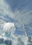  1girl back_bow blue_bow blue_ribbon blue_sky bow cloud cloudy_sky commentary_request facing_away floating_hair from_behind from_below glint hair_ribbon highres indie_virtual_youtuber launching olime_sian ribbon rocket shirt sky smoke_trail solo twintails upper_body usui_clear virtual_youtuber white_hair white_shirt 