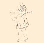2022 anthro bottomwear bugsnax clothed clothing digital_media_(artwork) english_text eyewear glasses grumpus hair happy hat headgear headwear hi_res looking_at_viewer male monochrome pose raised_hand shaibey shirt shorts sketch smile snorpington_fizzlebean solo standing tank_top teeth text three-quarter_view topwear young_horses