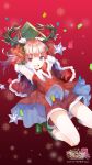 1girl :d antlers armpits arms_up atelier_(series) atelier_lydie_&amp;_suelle blunt_bangs boots capelet christmas christmas_present commentary company_name confetti copyright_name copyright_notice detached_sleeves dress eyes_visible_through_hair flat_chest full_body fur-trimmed_capelet fur-trimmed_dress fur-trimmed_sleeves fur_trim gift gradient_background green_footwear hair_between_eyes hair_ribbon head_wreath highres horns knee_boots legs_folded logo looking_at_viewer lydie_marlen official_art open_mouth red_background red_capelet red_dress red_eyes red_hair red_ribbon red_shorts red_sleeves reindeer_antlers ribbon santa_costume short_shorts shorts side_ponytail smile snowflake_background snowflakes solo star_ornament strapless strapless_dress striped_ribbon two-sided_dress two-sided_fabric two-tone_ribbon yellow_ribbon yuugen 