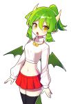  1girl absurdres alternate_costume alternate_hairstyle black_thighhighs blush brown_eyes crop_top draco_centauros dragon_girl dragon_horns dragon_tail fang green_hair highres horns jewelry looking_at_viewer navel necklace offbeat open_mouth pleated_skirt pointy_ears puyopuyo red_skirt short_hair short_ponytail simple_background skirt solo tail thighhighs white_background 