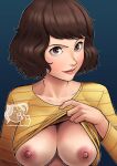  1girl artist_logo artist_name blue_background breasts brown_eyes brown_hair closed_mouth clothes_lift collarbone commentary commission english_commentary eyelashes highres kawakami_sadayo large_breasts lifted_by_self lips long_sleeves looking_at_viewer medium_hair nipples no_bra persona persona_5 razillon shirt shirt_lift smile solo striped_clothes striped_shirt twitter_username upper_body web_address yellow_shirt 