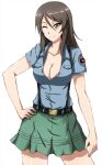  1girl alternate_costume aoshidan_(emblem) aoshidan_school_uniform belt black_belt blue_shirt breasts brown_eyes brown_hair cleavage closed_mouth collared_shirt girls_und_panzer green_skirt hand_on_own_hip highres long_hair looking_at_viewer medium_breasts mika_(girls_und_panzer) no_headwear omachi_(slabco) one_eye_closed school_uniform shirt short_sleeves simple_background skirt smile solo standing suspender_skirt suspenders white_background 