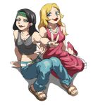  2girls american_dad! belt black_hair blonde_hair blue_eyes breasts denim dress francine_smith green_hairband hairband hayley_smith jeans lips mother_and_daughter multiple_girls navel_piercing pants piercing pink_dress shadow simple_background v white_background white_belt xiaopizi32439 