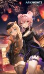  2girls :d absurdres animal_ears aqua_eyes architecture arknights black_dress black_hairband black_thighhighs blonde_hair blush breasts ch&#039;en_(arknights) chinese_commentary chinese_new_year chong_yue_(arknights) cleavage cleavage_cutout clothing_cutout commentary_request copyright_name dress east_asian_architecture fireworks hairband highres holding holding_hands holding_lantern hoshiguma_(arknights) kuhnowushi lantern lin_(arknights) long_hair long_sleeves looking_at_viewer md5_mismatch mouse_ears multiple_girls night night_sky open_mouth outdoors paper_lantern photoshop_(medium) pink_eyes pink_hair revision ringlets short_hair sky sky_lantern smile swire_(arknights) thigh_strap thighhighs tiger_ears translation_request zettai_ryouiki 