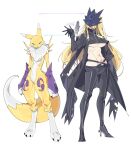  2girls animal_hands ankle_gun beelstarmon black_coat black_pants black_scarf black_sclera blonde_hair blue_eyes blush body_fur breasts coat colored_sclera crop_top digimon digimon_(creature) eye_mask fangs full_body hand_on_own_hip high_collar highres kitsune large_breasts linea_alba long_hair multiple_girls navel pants purple_eyes renamon scarf size_comparison smug third_eye underboob waving white_fur yellow_fur yellow_tail zocehuy 