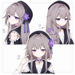  alternate_hairstyle beret black_hat bob_cut braid braided_ponytail brown_hair choker clothing_cutout doll_joints flower grey_hair hair_ornament hat hat_flower herta_(honkai:_star_rail) highres honkai:_star_rail honkai_(series) jewelry joints key key_necklace long_hair looking_at_viewer necklace nirako_mona purple_choker purple_eyes purple_flower short_hair shoulder_cutout simple_background single_braid 