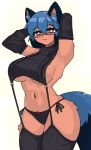 2024 anthro belly big_breasts black_clothing black_gloves black_handwear black_legwear black_panties black_thigh_highs black_underwear blue_hair blue_tail blush brand_new_animal breasts brown_body brown_fur canid canine clothed clothing embarrassed eye_through_hair eyebrow_through_hair eyebrows feisko female female_anthro fluffy fluffy_tail fur gloves hair handwear hi_res legwear looking_at_viewer mammal meme meme_clothing michiru_kagemori narrowed_eyes navel panties partially_clothed raccoon_dog raised_arms red_eyes side_boob simple_background solo standing studio_trigger sweater tail tanuki thigh_highs topwear translucent translucent_hair under_boob underwear virgin_killer_sweater white_background