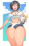  1girl aqua_eyes barbell_piercing beer_can belt bikini bikini_under_clothes black-framed_eyewear black_collar black_hair blue_sky borrowed_character breasts can cloud collar corona_(brand) cropped_shirt cross cross_necklace denim denim_shorts drink_can english_commentary eyewear_on_head fingernails highleg highleg_bikini highres inkerton-kun jewelry looking_at_viewer medium_breasts navel_piercing necklace off-shoulder_shirt off_shoulder open_mouth original piercing product_placement second-party_source see-through see-through_shirt shirt short_hair short_shorts shorts skindentation sky sol_(rollingroly) solo standing swimsuit teeth thick_thighs thighs underboob upper_teeth_only white_belt 