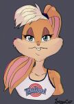 1ndigocat blonde_hair buckteeth clothed clothing countershade_face countershade_fur countershading english_text female fur green_eyes hair hi_res lagomorph leporid lidded_eyes lola_bunny looking_at_viewer looney_tunes mammal pink_nose portrait rabbit signature simple_background solo space_jam tan_body tan_fur teeth text tune_squad_outfit tune_squad_outfit_(1996) warner_brothers