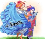  2girls alternate_costume artist_name bead_necklace beads blue_dress blue_hair closed_mouth colored_tips commentary dress eyelashes flower folding_fan frilled_dress frills gold_necklace hair_flower hair_ornament hair_stick hand_fan highres holding holding_fan japanese_clothes jewelry kimono kiora06 layered_dress long_hair multicolored_hair multiple_girls necklace octoling octoling_girl octoling_player_character on_grass orange_hair pink_flower red_eyes sandals short_eyebrows smile splatoon_(series) splatoon_3 standing tabi tentacle_hair thick_eyebrows twitter_username 