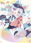  :3 abstract_background absurdres asymmetrical_legwear blush bow braid character_request copyright_request floating gaogao_(gaogaomegu) hair_ribbon hat highres leaf looking_at_viewer oversized_clothes ribbon sparkle sparkling_eyes tagme tail white_hair 