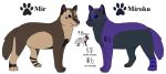 2015 aliasing ambiguous_gender arm_tattoo black_markings black_text blue_eyes blue_markings brown_body brown_fur brown_inner_ear brown_nose canid canine canis character_name digital_drawing_(artwork) digital_media_(artwork) digitigrade english_text feral flat_colors fur grey_body grey_fur male_(lore) mammal markings miroku_(sebdoggo) model_sheet paws purple_body purple_fur purple_inner_ear purple_nose sebdoggo shoulder_tattoo simple_background smile snout solo square_crossover standing tail tattoo text white_background wolf