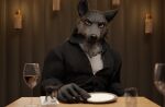 3d_(artwork) 5_fingers angry angry_expression angry_eyes anthro arm_on_table beverage black_clothing black_suit canid canine canis clothed clothing container cup cutlery date date_pov digital_media_(artwork) dinner dinner_date dinner_table drinking_glass edef eyebrows fingers fork fur garret_(heat) gentleman glass glass_container glass_cup grey_body grey_fur heat_(vr_game) hi_res impatient kitchen_utensils knife looking_at_viewer male mammal open_clothing open_topwear orange_eyes restaurant romantic solo stare suit teeth tools topwear wolf yan_wiah