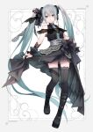  1girl absurdly_long_hair aqua_eyes aqua_hair black_ribbon black_skirt black_thighhighs boots closed_mouth clothes_lift commentary full_body goth_fashion grey_background hair_between_eyes hatsune_miku knee_boots kuroi_(liar-player) lace_trim light_smile long_hair looking_at_viewer pleated_skirt ribbon simple_background skirt sleeveless solo standing standing_on_one_leg thighhighs twintails twitter_username very_long_hair vocaloid 