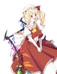 1girl ascot back_bow blonde_hair bow crystal fang feet_out_of_frame flandre_scarlet frilled_skirt frilled_sleeves frills hat highres huge_bow ikeda_inko large_bow long_hair long_skirt mob_cap multicolored_wings nail_polish one_side_up open_mouth own_hands_together puffy_short_sleeves puffy_sleeves red_eyes red_nails red_ribbon red_skirt red_vest ribbon ribbon-trimmed_sleeves ribbon_trim shirt short_sleeves simple_background skin_fang skirt skirt_set socks solo touhou vest white_background white_bow white_hat white_shirt white_socks wings yellow_ascot 