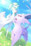  1other absurdres all_fours blurry blurry_background blurry_foreground body_fur closed_eyes colored_skin espeon fang forehead_jewel gardevoir green_hair green_skin highres lury.sgh medium_hair no_humans petals pokemon pokemon_(creature) purple_eyes purple_fur red_skin sunlight trait_connection white_skin 