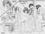  4girls aang angry avatar:_the_last_airbender avatar_(series) bald barefoot blind chair everyone flat_chest greyscale hat hug iroh katara laughing mai_(avatar) monochrome multiple_boys multiple_girls no_panties ponytail prophet sandals sarashi shorts sitting sokka suki table toph_bei_fong undressing zuko 