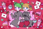  2girls :d arm_grab black_dress black_ribbon blonde_hair blue_eyes braided_hair_rings candle candy cherry cowboy_shot cupcake double_bun dress earrings envelope food fruit fukuhara_ann green_hair hair_bun hair_ribbon highres holding holding_candy holding_food holding_lollipop jewelry juliet_sleeves lollipop long_sleeves looking_at_another love_letter morizono_wakana multiple_girls nail_polish nyaasechan open_mouth parfait plaid plaid_dress pretty_rhythm pretty_rhythm_rainbow_live pretty_series puffy_sleeves purple_eyes purple_hair red_nails ribbon short_hair smile standing 
