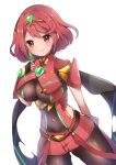  1girl armor ass_visible_through_thighs backless_outfit black_gloves bob_cut breasts chest_jewel core_crystal_(xenoblade) drop_earrings earrings fingerless_gloves gloves hand_on_own_chest herunia_kokuoji highres impossible_clothes jewelry large_breasts pantyhose pantyhose_under_shorts pyra_(xenoblade) red_eyes red_hair red_shorts short_hair short_shorts short_sleeves shorts shoulder_armor skindentation solo super_smash_bros. suspenders swept_bangs thighhighs thighhighs_over_pantyhose tiara xenoblade_chronicles_(series) xenoblade_chronicles_2 