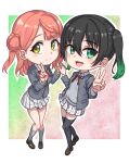  2girls asueli_ex black_hair black_jacket black_thighhighs blunt_bangs blush border brown_footwear chibi closed_mouth collared_shirt commentary_request full_body gradient_background gradient_hair green_eyes green_hair grey_socks grey_vest hair_between_eyes hair_bun highres holding_hands jacket kneehighs loafers long_sleeves looking_at_viewer love_live! love_live!_nijigasaki_high_school_idol_club medium_hair multicolored_hair multiple_girls neck_ribbon nijigasaki_academy_school_uniform open_clothes open_jacket open_mouth outside_border pink_hair plaid plaid_skirt pleated_skirt red_ribbon ribbon school_uniform shirt shoes sidelocks single_side_bun skirt socks standing takasaki_yu thighhighs twintails uehara_ayumu v vest white_border white_shirt white_skirt winter_uniform yellow_eyes zettai_ryouiki 