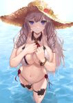  1girl algerie_(azur_lane) algerie_(white_sand_angel)_(azur_lane) ascot azur_lane bangle bangs bikini blush bracelet breasts brown_bikini cleavage clenched_hands detached_collar drill_hair hands_up jewelry large_breasts long_hair looking_at_viewer mokyumokyuchan pouch purple_eyes silver_hair solo swimsuit thigh_strap twin_drills two-tone_bikini wading water 