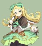  1girl atelier_(series) atelier_shallie black_bloomers black_capelet blonde_hair bloomers bow capelet closed_mouth cowboy_shot cravat curcumin expressionless flipped_hair frilled_skirt frills gloves green_background green_bow green_eyes green_neckwear green_skirt hair_bow jitome long_hair looking_at_viewer miruca_crotze outstretched_hand simple_background skirt solo underwear white_gloves 