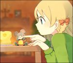  2girls =_= animal_ears ayu_(mog) blonde_hair blue_eyes blurry blurry_background bow cheek_poking cheese closed_mouth depth_of_field fingernails food green_sweater hair_bow indoors minigirl mouse_ears mouse_girl multiple_girls original poking polka_dot polka_dot_bow profile red_bow sitting size_difference sweater upper_body 