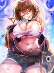 1girl :o absurdres ahoge arm_behind_head arm_tattoo azur_lane baltimore_(azur_lane) baltimore_(black_ace)_(azur_lane) bandaid_on_leg bangs bare_shoulders black_shorts blue_sky breasts brown_hair chest_tattoo choker cleavage commentary from_below hair_between_eyes highres holding_racket jacket large_breasts looking_at_viewer looking_down navel off-shoulder_jacket one_eye_closed open_clothes open_jacket open_mouth racket short_hair short_shorts shorts sky sports_bra sports_bra_lift sportswear stomach_tattoo tattoo tennis_racket tennis_uniform thighs tub_(abcehknqux) underboob white_sports_bra yellow_eyes 