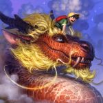  2017 asian_mythology backpack clothed clothing cloud digital_media_(artwork) dragon duo east_asian_mythology eastern_dragon feral hair hat headgear headwear hi_res horn human larger_male male mammal mythology open_mouth scalie sharp_teeth size_difference sky smaller_male smile taran_fiddler teeth whiskers 