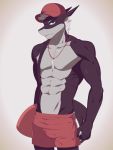 3:4 anthro black_body blue_eyes bottomwear bulge clothed clothing collar fan_character fish grey_body hair hat headgear headwear male marine multicolored_body muscular muscular_male partially_clothed q_wed shark shorts simple_background solo standing two_tone_body white_background 