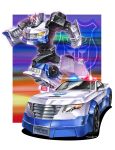  autobot blue_eyes car clenched_hands ground_vehicle highres insignia mecha motor_vehicle no_humans police police_car prowl running solo transformers yasukuni_kazumasa 