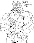  2017 anthro big_bulge big_muscles bodily_fluids bottomwear bulge canid canine canis clothing coat dallas_the_swolgi domestic_dog earpiece facial_piercing fierglief hat headgear headwear herding_dog hi_res line_art looking_at_viewer male mammal monochrome muscular nose_piercing nose_ring pants pastoral_dog piercing shirt solo sweat text topwear unzipping welsh_corgi 