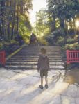  2boys animal ball cat commentary crossed_arms day facing_away forest head_bump highres hood hoodie monster_boy multiple_boys nature original outdoors scenery soccer_ball stairs tengu winged_arms youkai zhuzi 