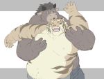  2020 anthro belly bite blush bovid bovine cattle duo ear_bite felid gadoran hug hugging_from_behind humanoid_hands kemono male male/male mammal moobs musclegut nipples overweight overweight_male pantherine tiger 