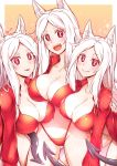  1girl 3girls :d :p animal_ears bikini breast_rest breasts cerberus_(helltaker) cigar_cat cleavage collared_shirt covered_nipples demon_girl demon_tail dog_ears dog_girl dress_shirt helltaker highleg highleg_bikini highres large_breasts long_hair long_sleeves looking_at_viewer multiple_girls open_clothes open_mouth open_shirt red_bikini red_eyes red_shirt shirt smile sparkle strap_gap swimsuit tail tongue tongue_out triplets white_hair 