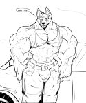  2017 anthro big_muscles bottomwear bulge canid canine car clothing dialogue english_text fierglief hi_res holding_object huge_muscles key line_art looking_at_viewer male mammal monochrome muscular nipples pants shirt solo speech_bubble talking_to_viewer text topwear undershirt vehicle 