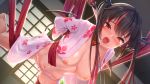  akasaai black_hair blush bondage breasts choker demon fang game_cg japanese_clothes long_hair lovelia navel nipples no_bra open_shirt pointed_ears qureate succubus tail tattoo troubledays twintails wings 