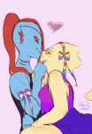  &lt;3 alphys anthro blue_body blue_scales blush breasts clothing dress duo eye_patch eyes_closed eyewear female female/female fin fish gills glasses hair hand_on_face head_fin hi_res itzi_lune kissing lgbt_pride marine non-mammal_breasts ponytail pride_color_clothing pride_colors red_hair reptile ribbons romantic_ambiance romantic_couple scales scalie shirt sitting standing tank_top thick_tail topwear undertale undyne video_games yellow_body yellow_scales 