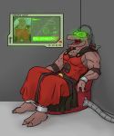  anthro biceps bodily_fluids chained chair claws clothing drooling eyewear feet furniture goggles grey_background hypnosis male mammal mind_control muscular muscular_male pecs rak_wraithraiser red_eyes reptile saliva scalie screen simple_background solo tongue tongue_out tower_of_god uchihadems 