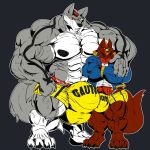  2017 4_toes anthro balls big_balls big_bulge big_muscles big_penis boxers_(clothing) bulge canid canine canis clothing coat crossed_arms duo fierglief fierglief_(character) genitals grey_background grin hug huge_balls huge_bulge huge_muscles huge_penis hyper hyper_balls hyper_bulge hyper_genitalia hyper_muscles hyper_penis looking_at_viewer male mammal muscular nipples penis plantigrade shirt simple_background size_difference smile swaggy toes topwear underwear veiny_muscles wolf 