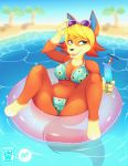  animal_crossing anthro audie_(animal_crossing) bikini canid canine canis clothing eyewear female looking_at_viewer mammal nintendo obakawaii open_mouth skwidbone solo sunglasses swimwear video_games water wolf 