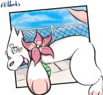  adondis blue_eyes buizel cloud detailed_background fence feral flower fur hybrid legendary_pok&eacute;mon looking_at_viewer male nintendo pink_nose plant pok&eacute;mon pok&eacute;mon_(species) pool_(disambiguation) shaymin sky solo video_games water white_body white_fur 