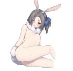  1girl animal_ears ass bare_shoulders blue_bow blue_eyes blush bow breasts brown_hair bunny_ears bunny_girl hair_bow highres long_hair n_(m_ohkamotoh) nipples original parted_lips pussy_juice short_eyebrows side_ponytail simple_background sketch small_breasts solo sweat white_background 